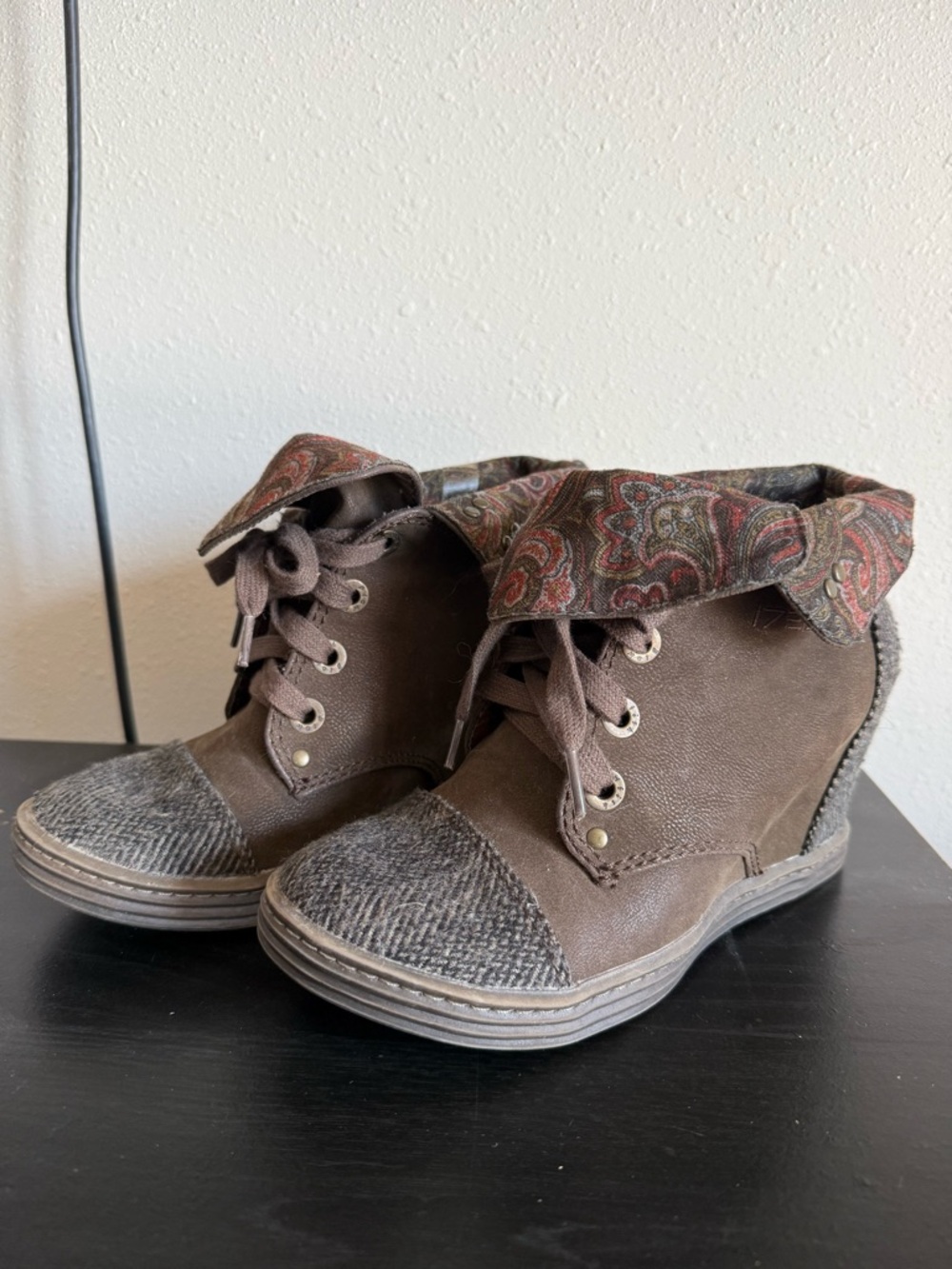Blowfish Brown Wedge Sneakers with Paisley Fold-Over Cuff